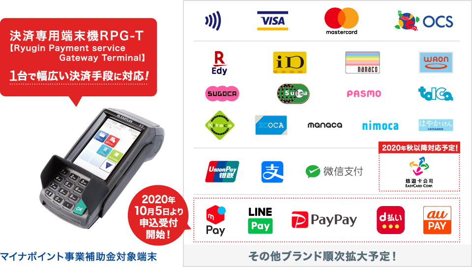取扱ブランド：Visaタッチ決済、Visa、Mastercard、OCS、楽天Edy、iD（アイディー）、nanaco、WAON、SUGOCA、Suica、PASMO、tolca、Kitaca、ICOCA、manaca、nimoca、はやかけん、銀聯、AliPay、WeChatPay / 2020年秋対応予定！：EasyCard、メルペイ、LINEPay（ラインペイ）、PayPay（ペイペイ）、d払い、auPAY // その他ブランド順次拡大予定！